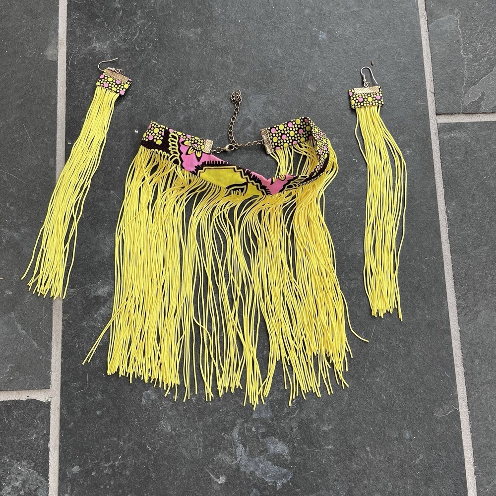African Print Fabric Necklace Colorful Collar Neck Bib Yellow Fringe Earrings